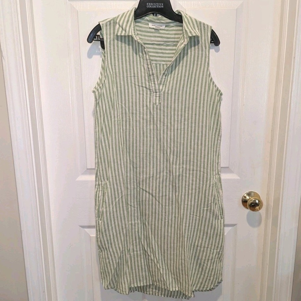 Coastal Linen Blend Shirt Dress Green Stripe BeachLunchLounge Size Medium